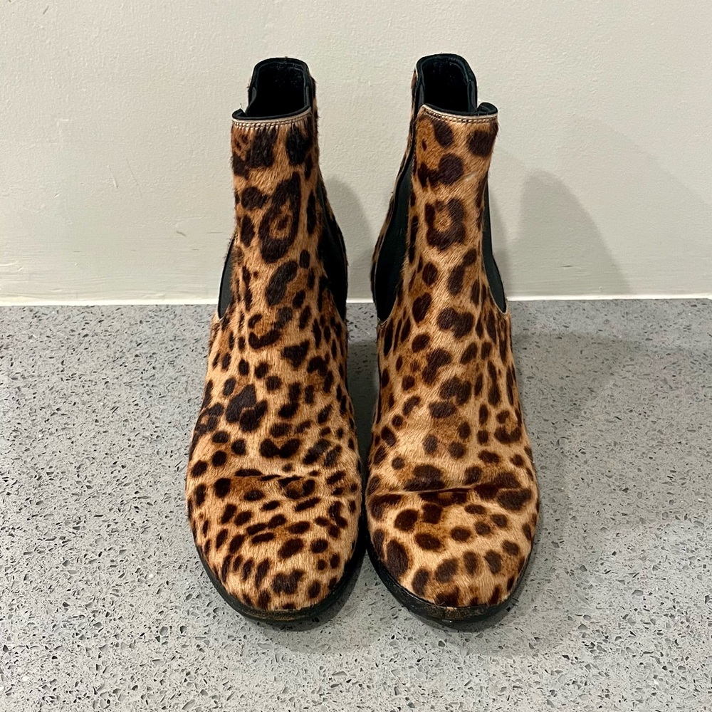 Fendi Calf Fur Leopard Print Ankle Wedge Boots